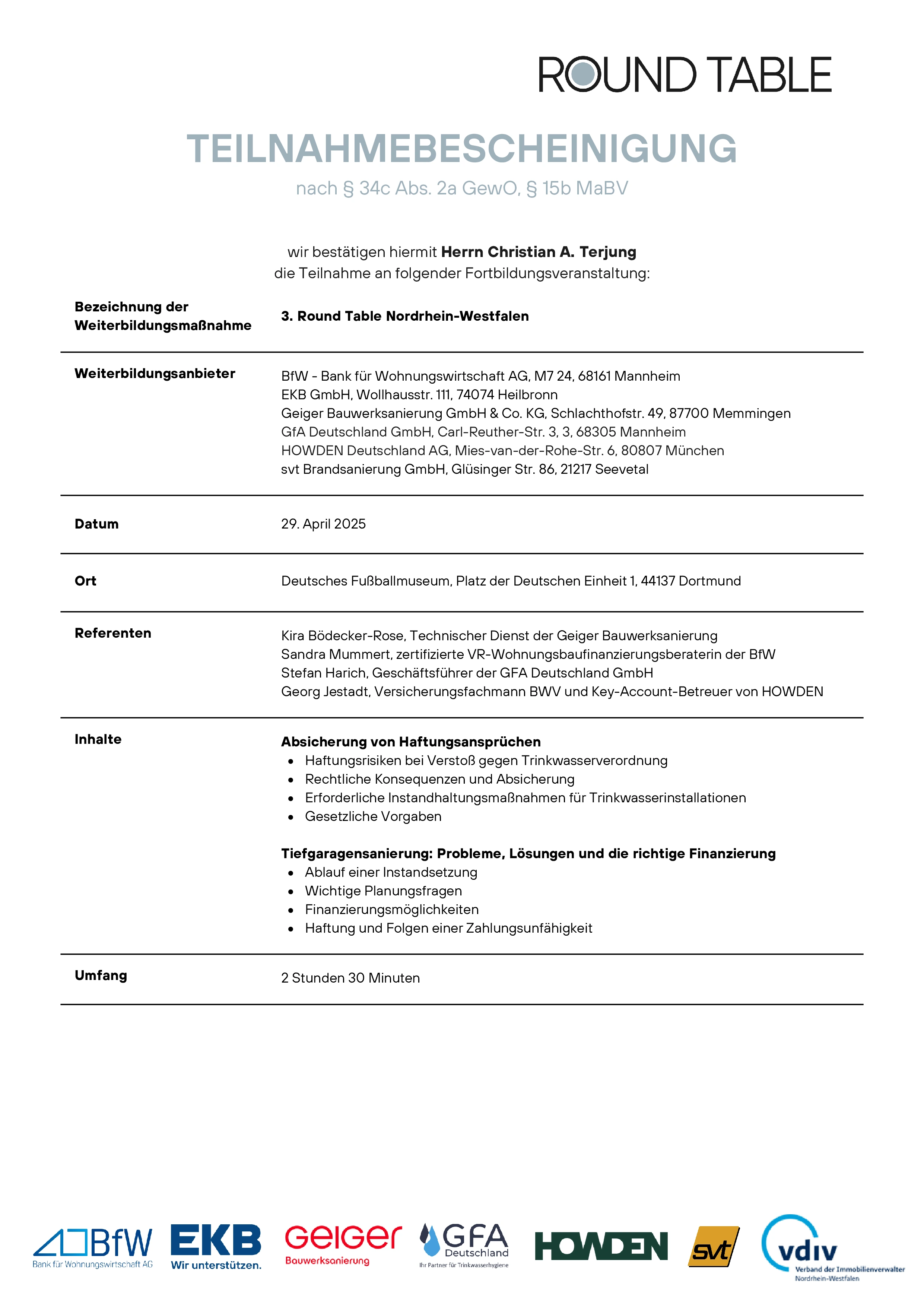 Zertifikat der Transparenta GmbH