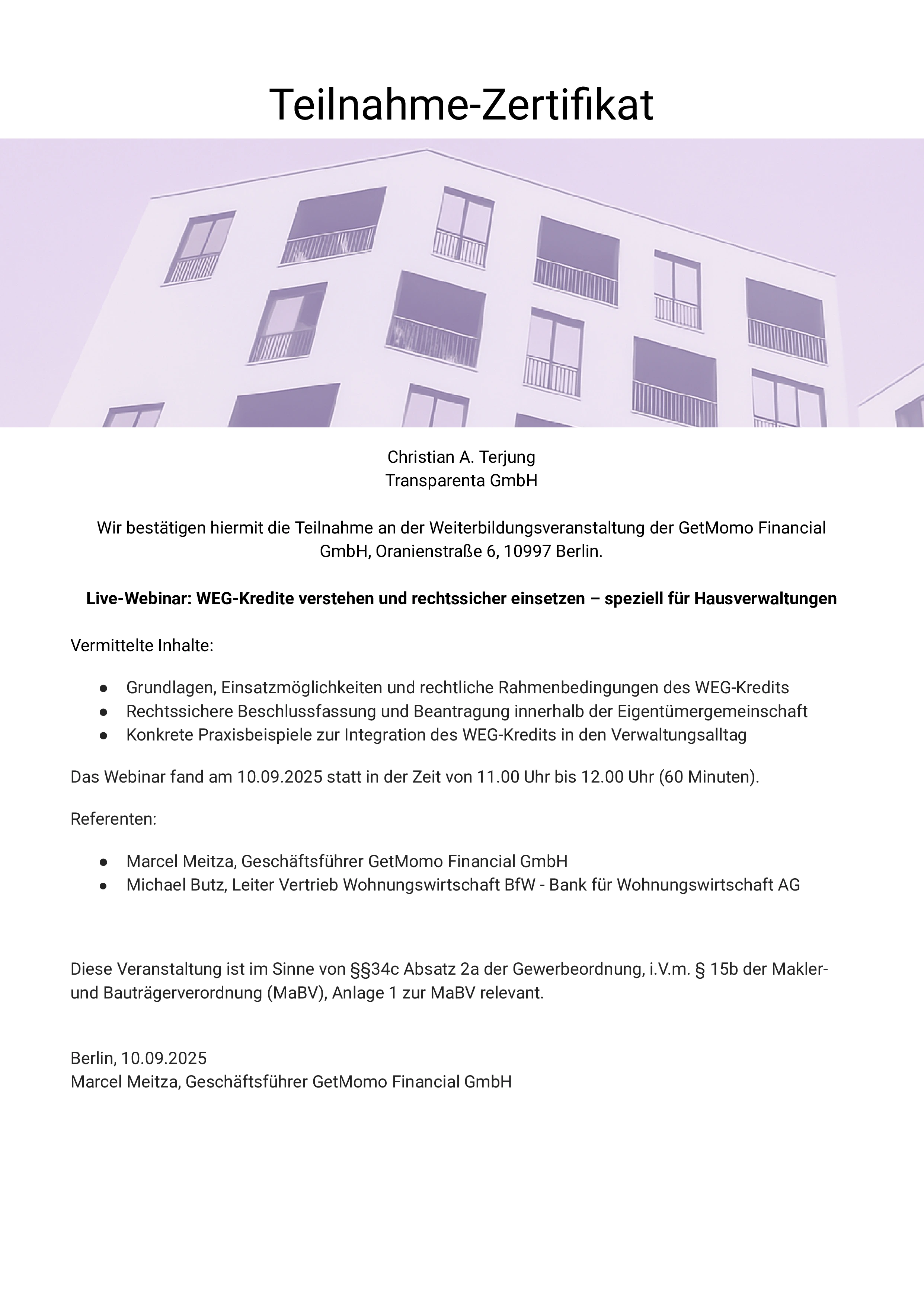 Zertifikat der Transparenta GmbH